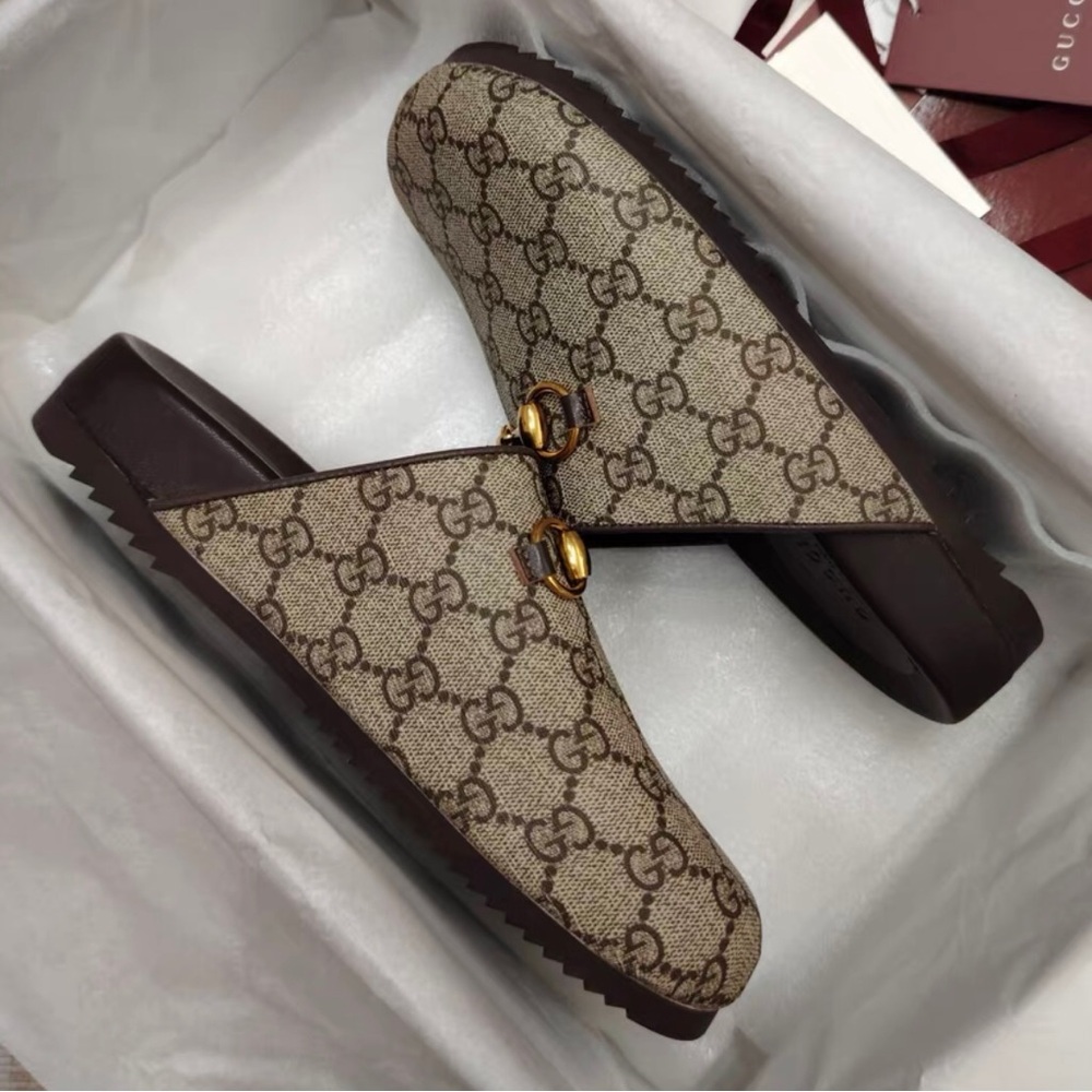 Gucci Beige GG Canvas Mule with Brown Trim and Gold Horsebit